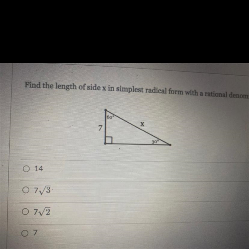 Find the length of side x in simplest radical form with a rational denominator.-example-1