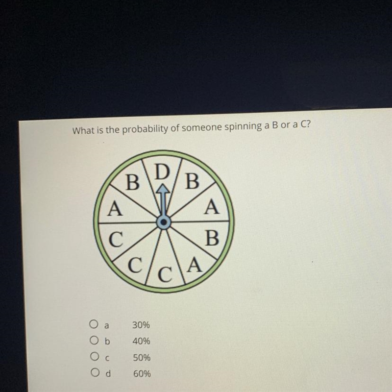 HELP ASAP!! What is the probability of someone spinning a B or a C?-example-1