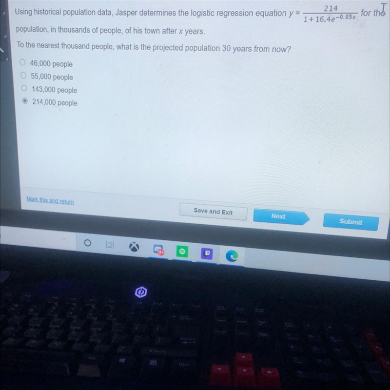 30 points HURRY Using historical population data, Jasper determines the logistic regression-example-1