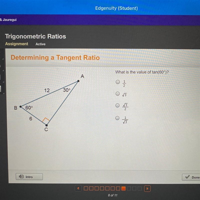 CO 5 What is the value of tan(60°)? A O 12 30° 3 B 60° 6-example-1