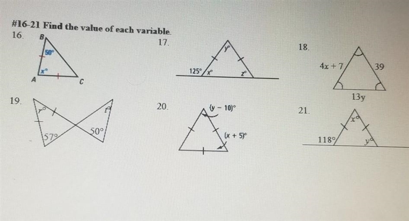 Find the value of each variable 16-21​-example-1