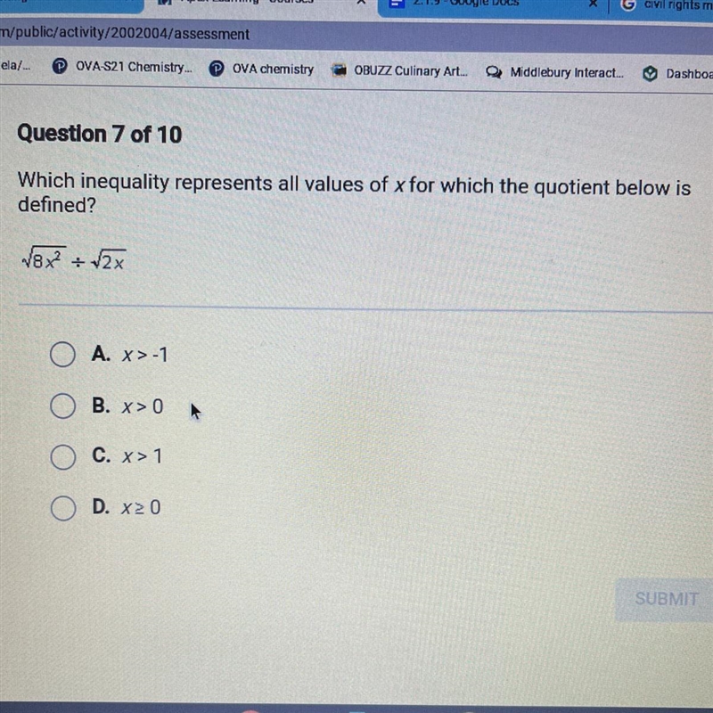 which inequality represents all values for x for which the quotient below is defined-example-1