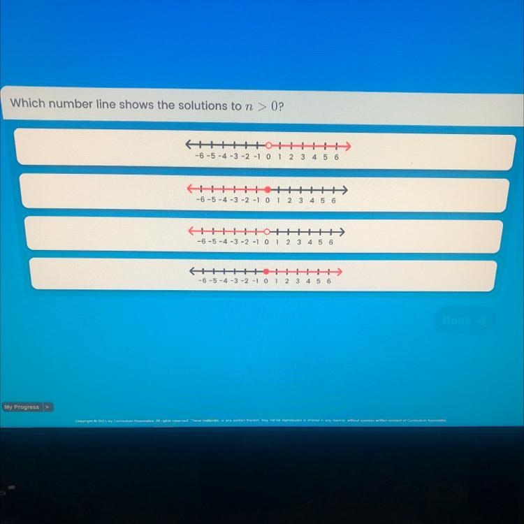 Which number line shows the solutions to n > 0?-example-1