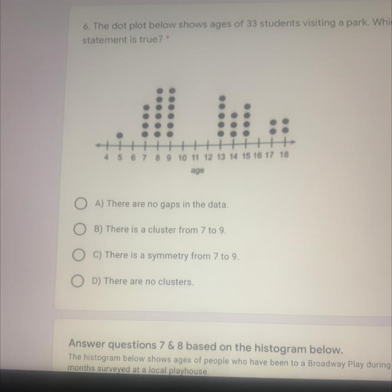 6.The dot plot below shows ages of 33 students visiting a park. Which statement is-example-1