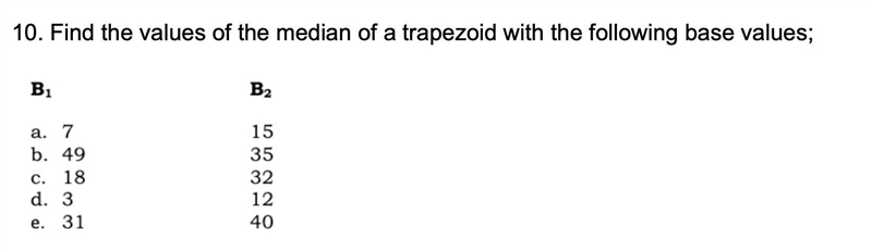 Find the values of the median of a trapezoid with the following base values;-example-1