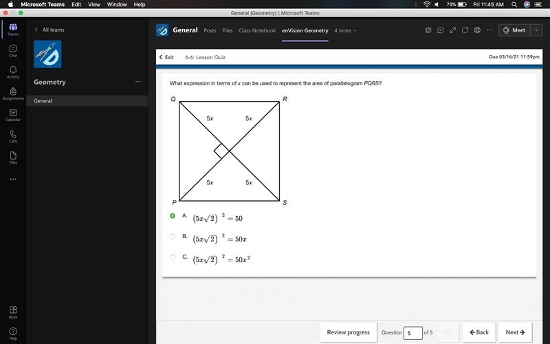 What expression in terms of x can be used to represent the area of parallelogram PQRS-example-1