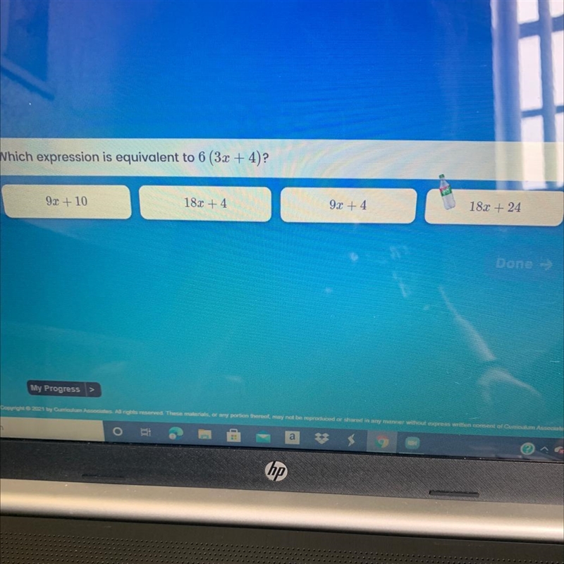 Which expression is equivaien. to 6 (3x + 4)?-example-1