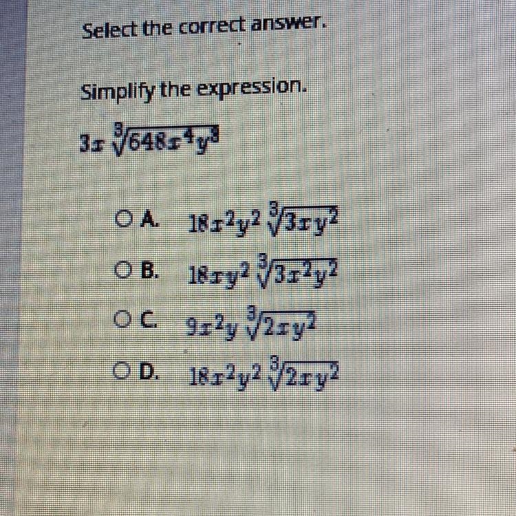 Select the correct answer. Simplify the expression-example-1