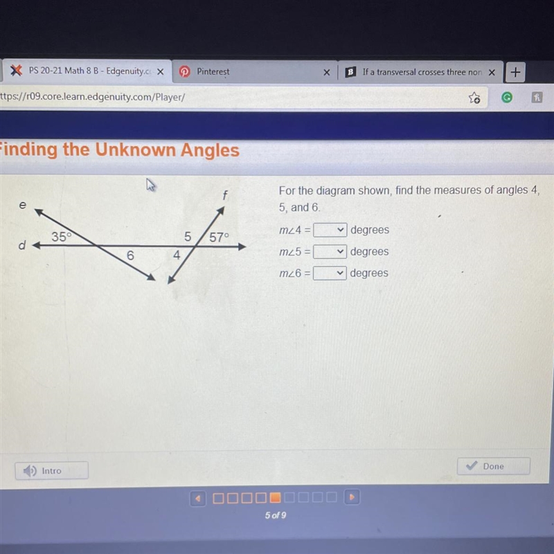 For the diagram shown, find the measures of angles 4, 5, and 6. m_4 = degrees m25 = degrees-example-1