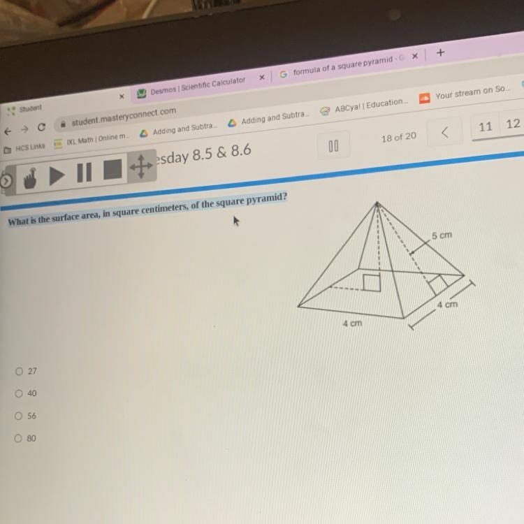 What is the surface area,in square centimeters,of the square pyramid-example-1