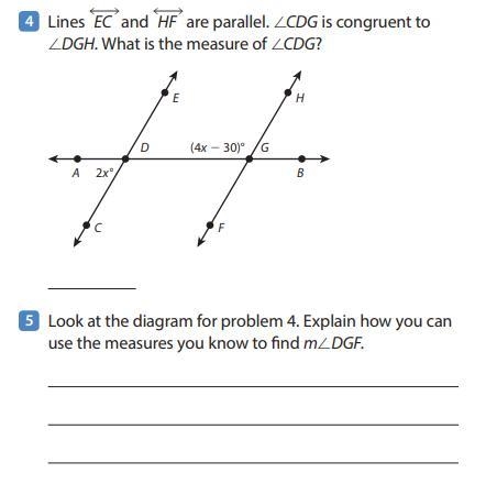 Lines EC and HF are parallel CDG is congruent to dgh what is the measure of CDG-example-1