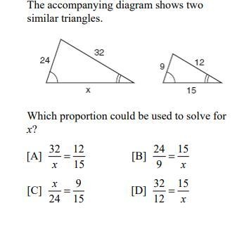 The accompanying diagram shows two triangles. Which proportion could be used to solve-example-1