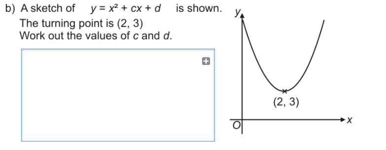 A sketch of y = x^2 + cx + d is shown the turning point is (2,3) work out the values-example-1