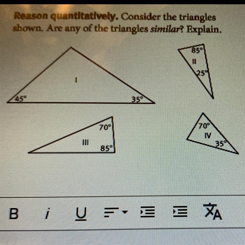 Consider the triangles shown. Are any of the triangles similar. Explain.. ***Similarity-example-1