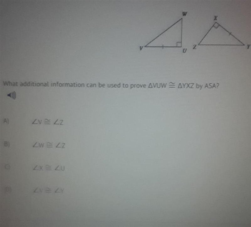 What additional information can be used to prove vuw ~= yxz by asa​-example-1