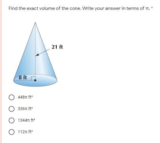 Find the exact volume of the cone. Write your answer in terms of π.-example-1