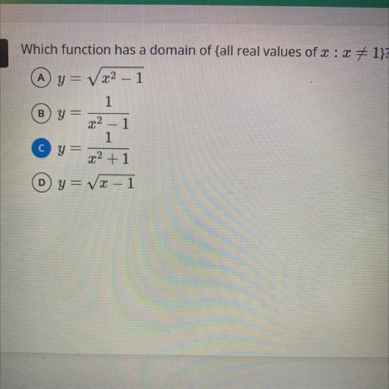 Which function has a domain of {all real values of x : x does not equal 1)? **Hint-example-1