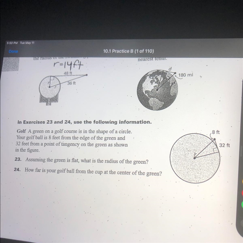 23. Assuming the green is flat, what is the radius of the green?-example-1