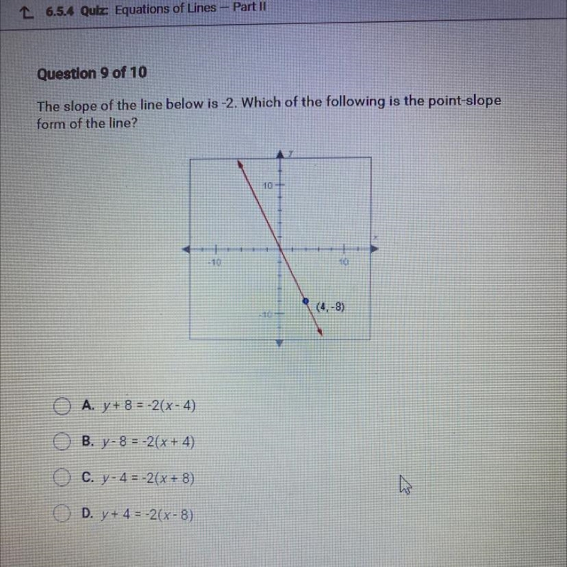 The slope of the line below is-2. Which of the following is the point-slope form of-example-1