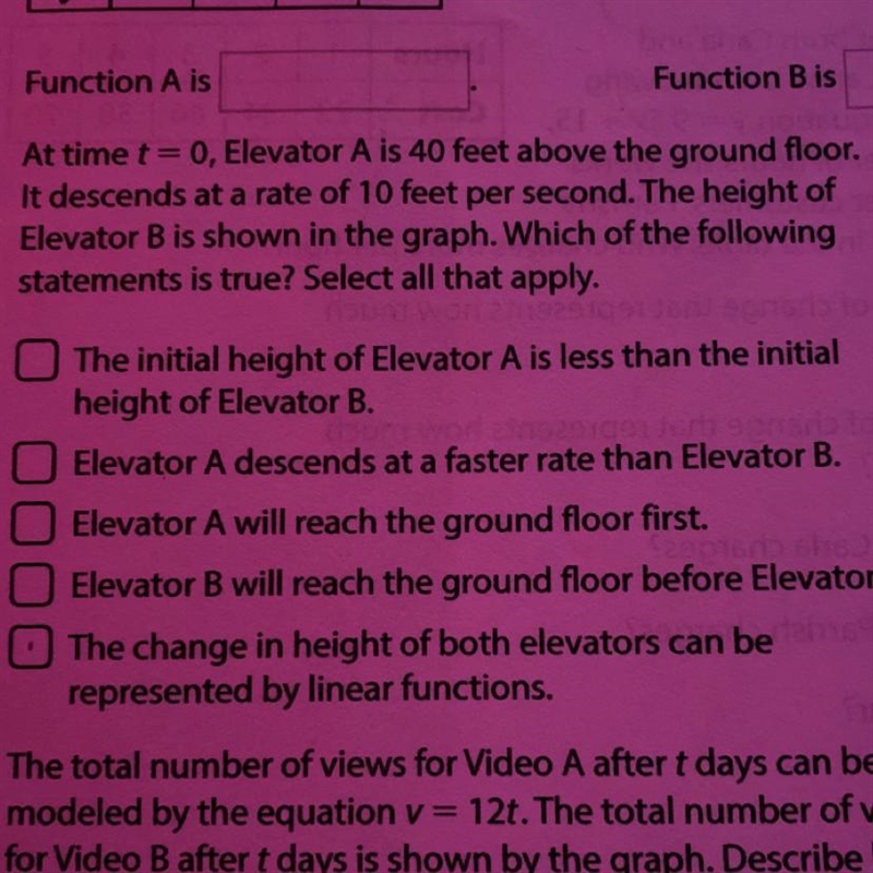 At time t= 0, Elevator A is 40 feet above the ground floor. It descends at a rate-example-1