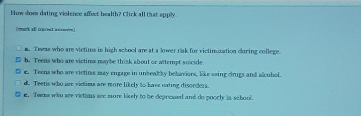 How does dating violence affect health? Click all that apply. ​-example-1