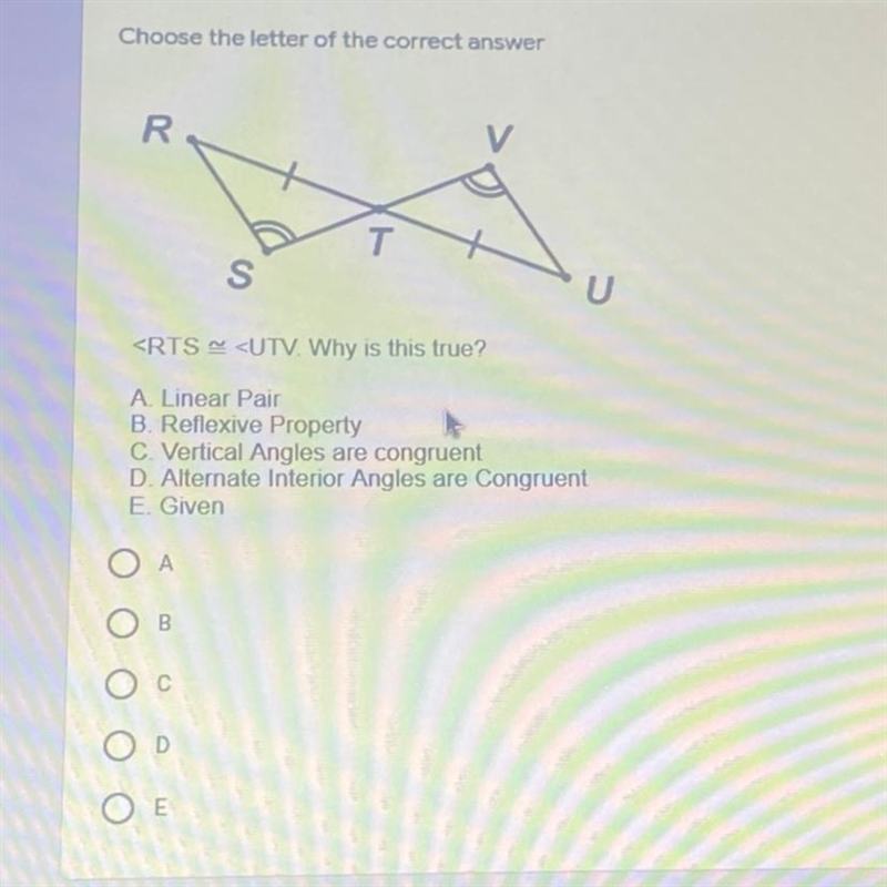 A. Linear Pair B. Reflexive Property C Vertical Angles are congruent D. Alternate-example-1