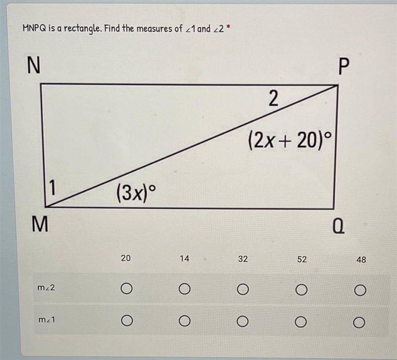 MNPQ is a rectangle. Find the measure of <1 and <2-example-1