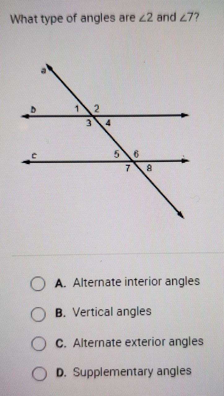 PLEASE HELP. What type of angles are 22 and 27? A. Alternate interior angles B. Vertical-example-1