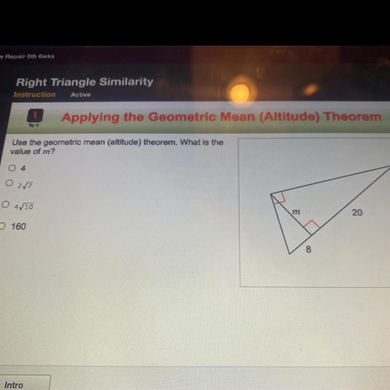 Use the geometric mean (altitude) theorem. what is the value of m?-example-1