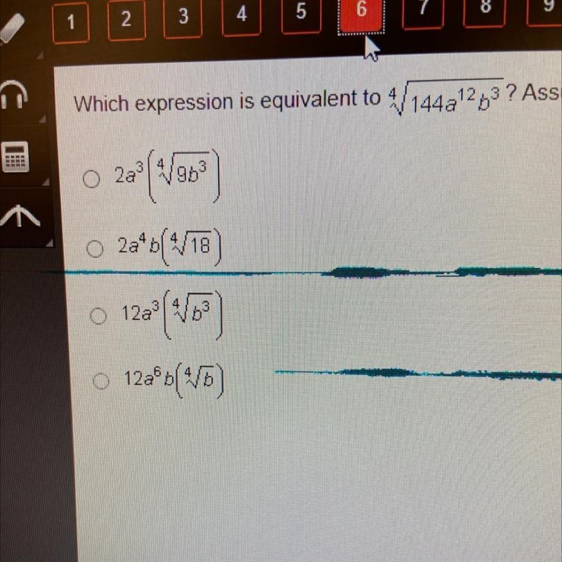 Which expression is equivalent to 4/144a12p3 ? Assume a>0 and >0 Help fast-example-1