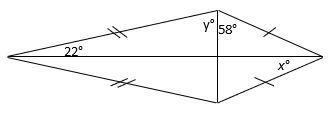 HELP DUE IN 10 MINS! Find the value of x and y in the kite below. x=?? degrees y=?? degrees-example-1