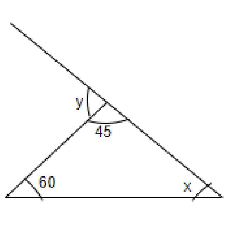 Find the measures of angles x and y in the figure.-example-1