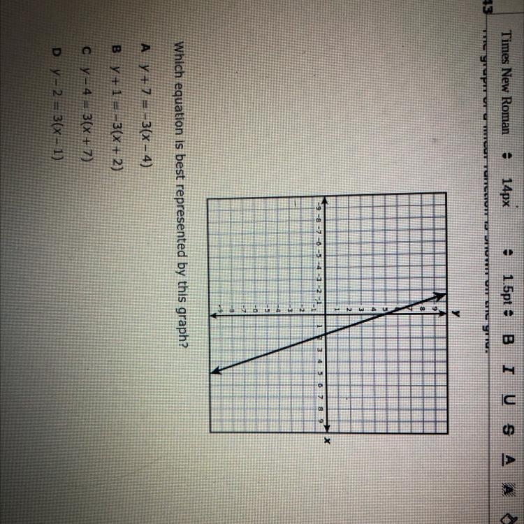 The graph of a linear function is shown on the grid. Which equation is best represented-example-1