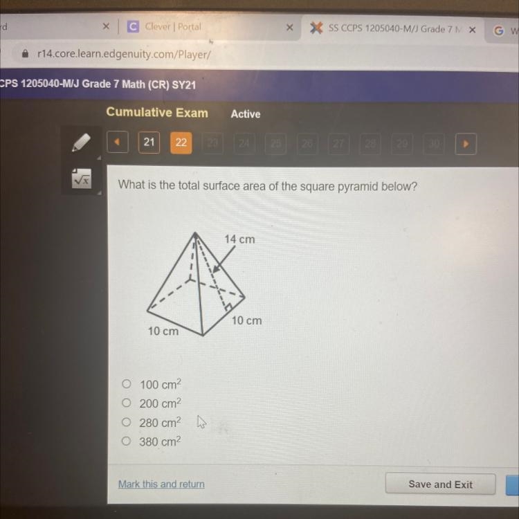 What is the total surface area of the square pyramid below? 14 cm 10 cm 10 cm O 100 cm-example-1