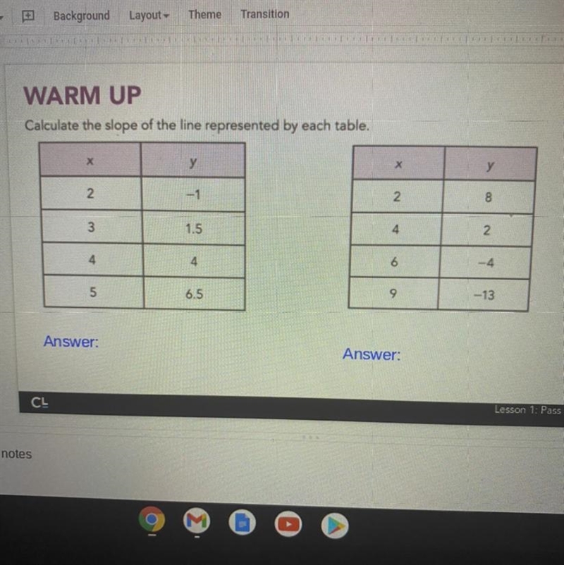 Calculate the slope of the line represented by each table. Please help me!-example-1