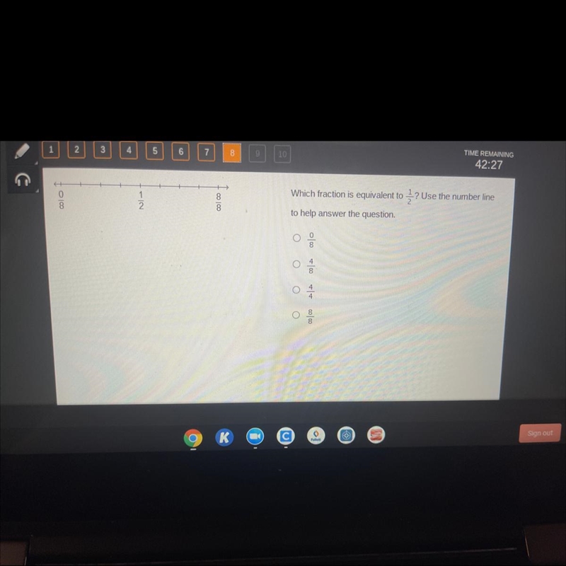 Which fraction is equivalent to 1/2? Use the number line to help answer the question-example-1