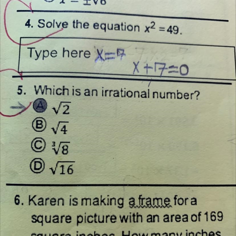 My teacher keeps saying it’s wrong pls help, it’s question number 5 Which is an irrational-example-1