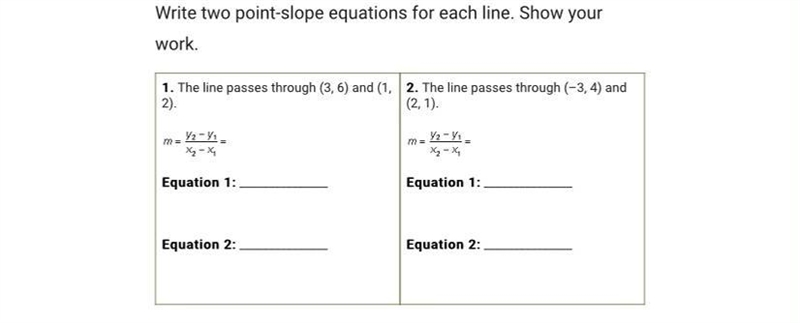 Write two point-slope equations for each line. Show your work.-example-1