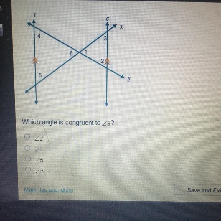 Line r is parallel to line c. Which angle is congruent to < 3 A. <2 B. <4 C-example-1