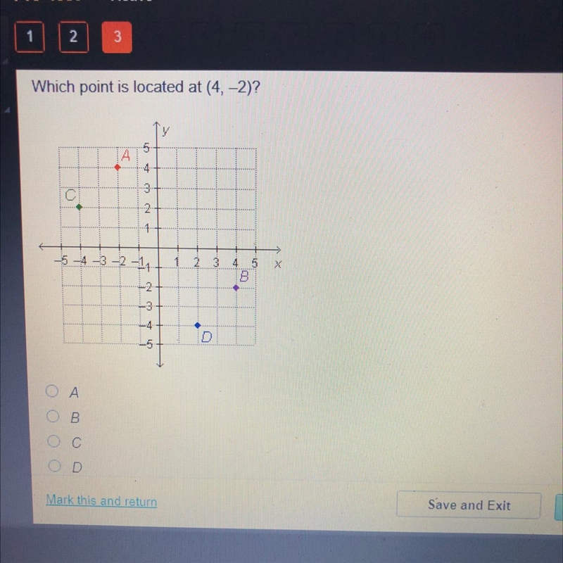 Which point is located at (4,-2)? A B C D-example-1