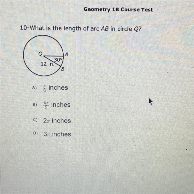 10-What is the length of arc AB in circle Q?-example-1