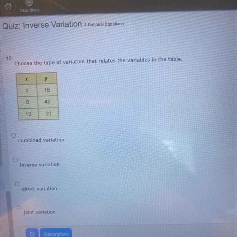 Choose the type of variation that relates the variables in the table.-example-1