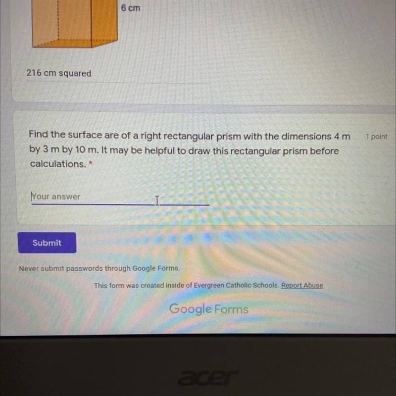 What is the surface area of a right rectangular prism with the dimensions 4 m by 3 m-example-1