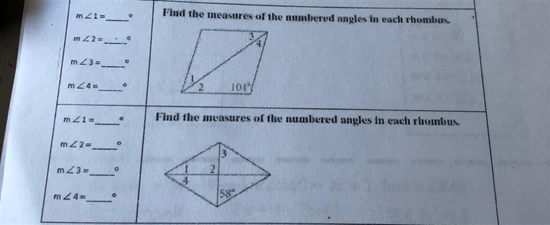 Find the measures of the numbered angles in each rhombus-example-1