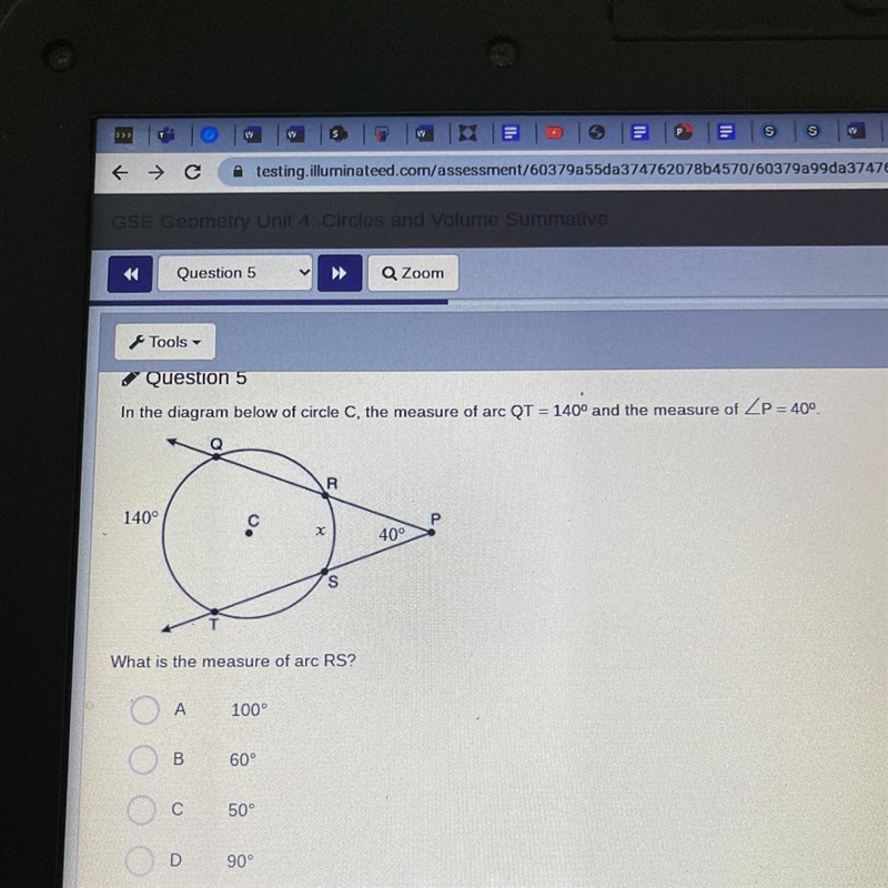 What is the measure of arc RS?-example-1