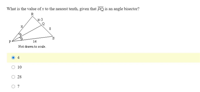 What is the value of x to the nearest tenth, given that PQ is an angle bisector? HURRY-example-1