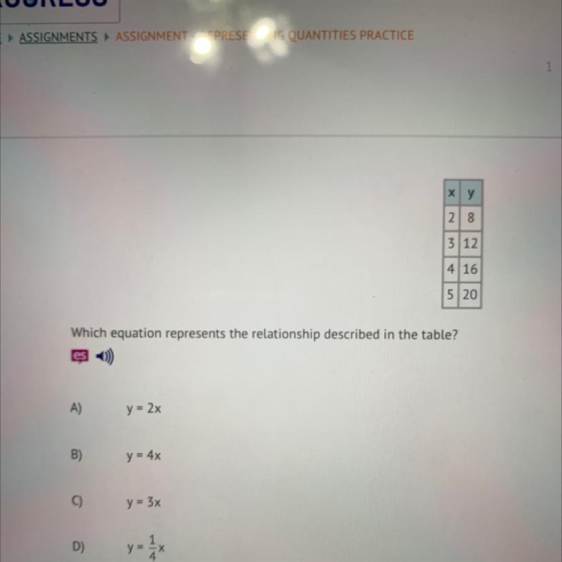 Ху 2 8 3 12 4 16 5 20 Which equation represents the relationship described in the-example-1