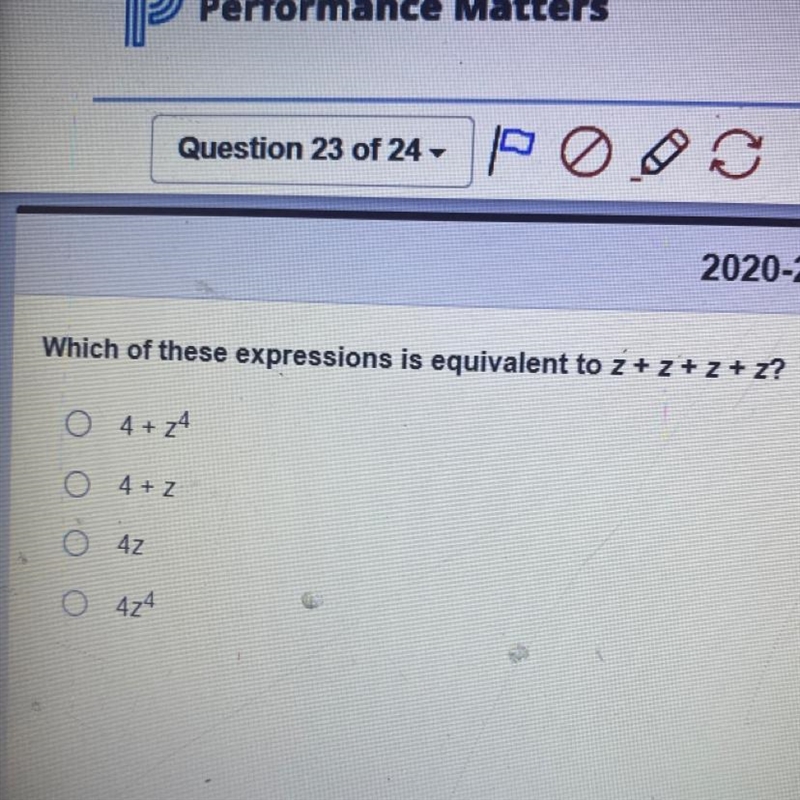 Which of these expressions is equivalent to z + 2 + 2 + 2? o 4+4 4+ 42 424-example-1