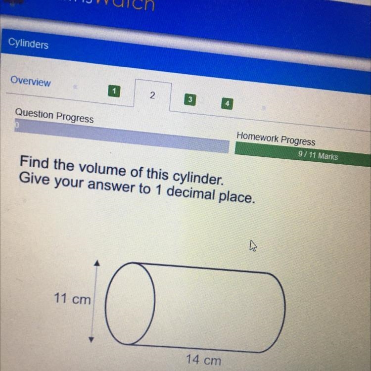 Find the volume of this cylinder. Give your answer to 1 decimal place. 11 cm 10 14 cm-example-1