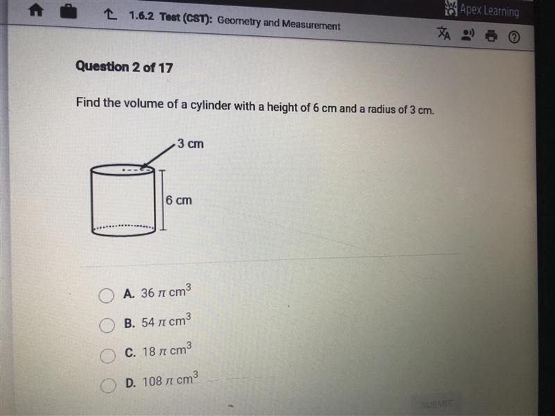 Find the volume of a cylinder with a height of 6cm and a radius of 3cm-example-1